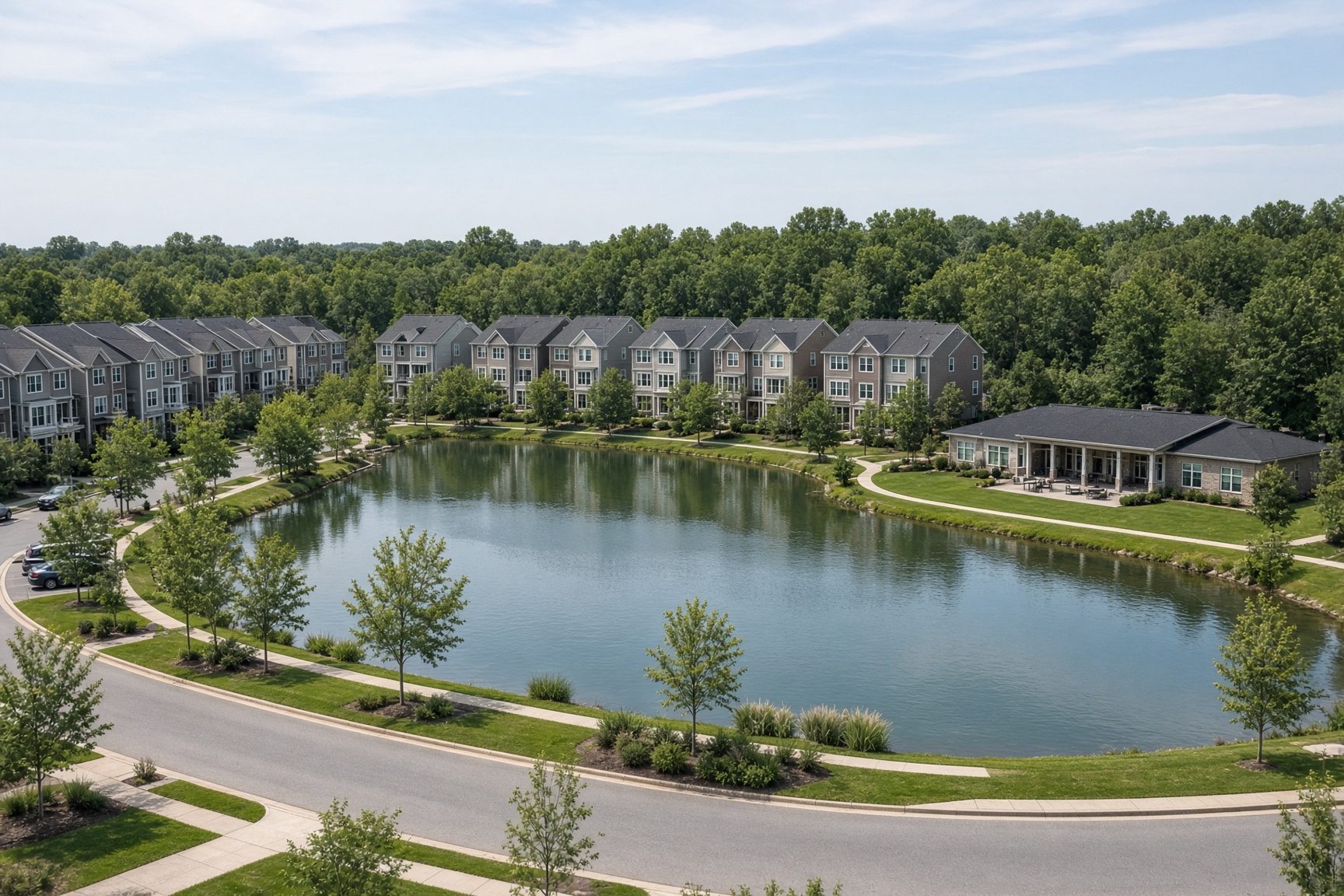 A master-planned community of townhomes around a pond and a clubhouse.