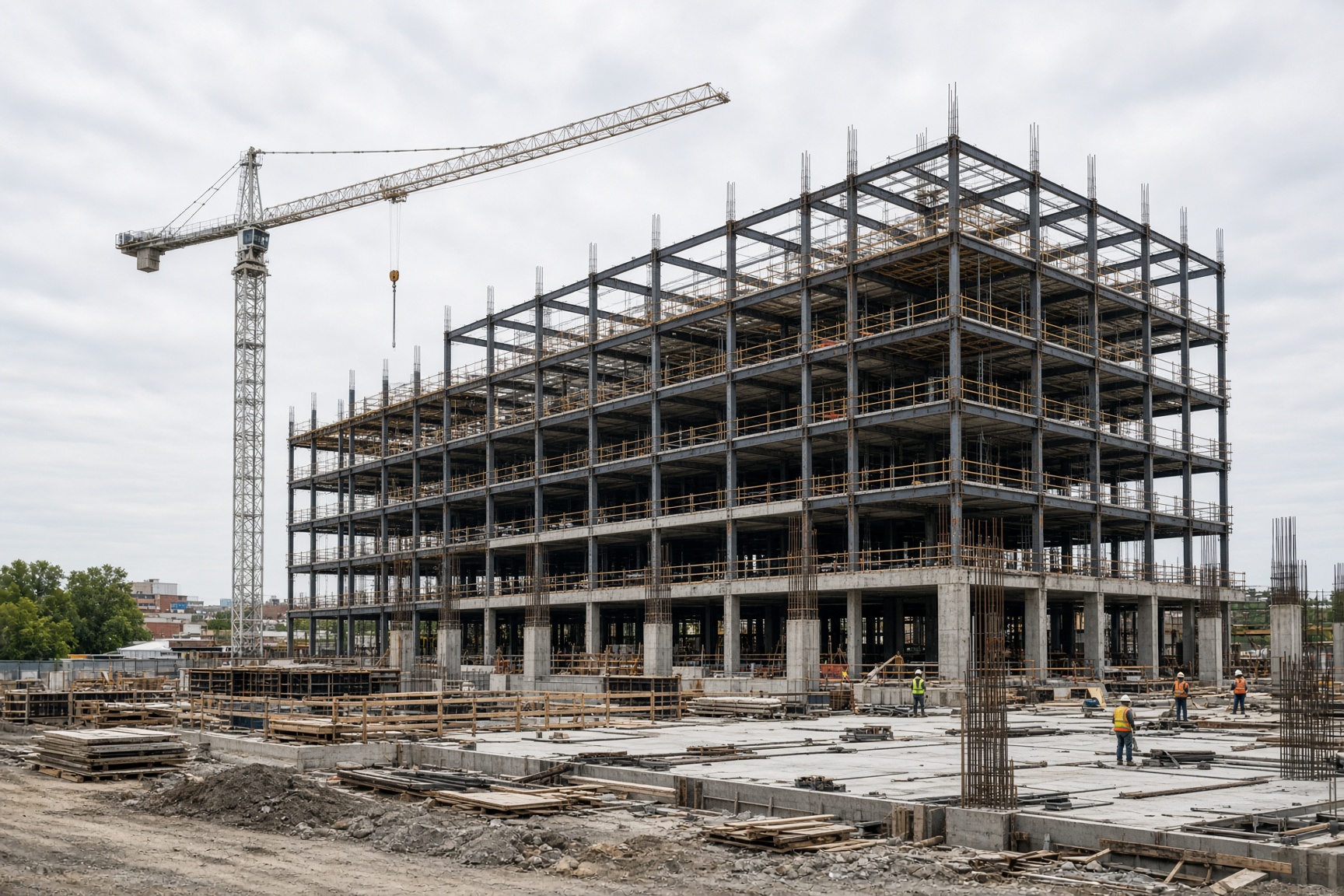 A steel-frame mid-rise under construction, with a tower crane and workers on the slab.
