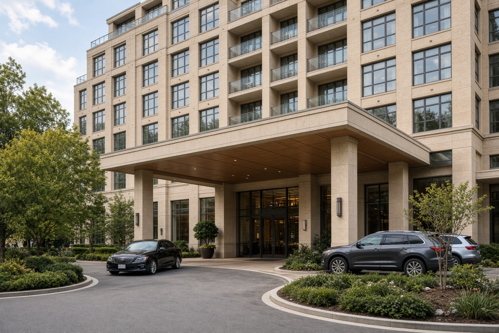 The entrance of a mid-rise hotel, with a porte-cochere and cars at the curb.