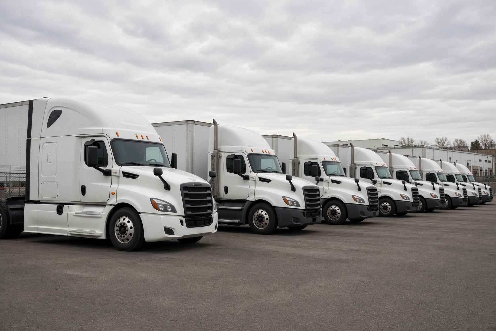 A row of unmarked white semi trucks parked in a freight yard.